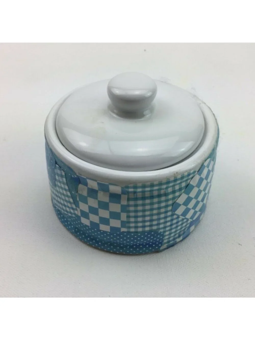 Homemade Ceramic Bathroom Cotton Jar Lid Blue White Gingham Check Plaid